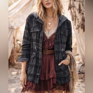 Free People We The Free Plaid Jacket Women’s Small Hooded Drawstring Grunge